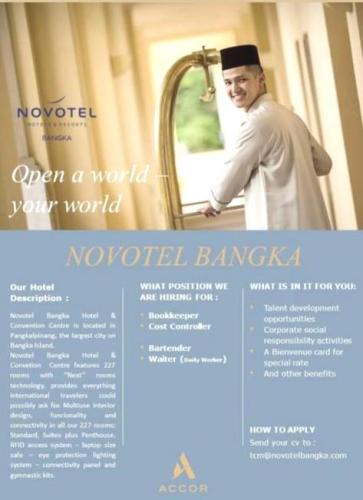 info Loker Bookkeeper,Cost Control,bartender,WAiter/daily worker @Novotel Bangka