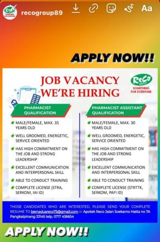 info Loker Pharmacist Qualification & Pharmacist Ass.Qualification @Pangkalpinang