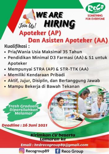 info Loker Apoteker dan Asisten apoteker @Reco Group-Pangkalpinang