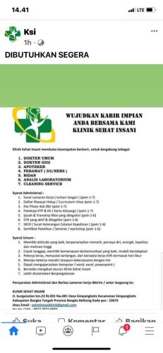 info Loker Dokter umum,dokter gigi,apoteker,perawat,bidan,analis Laboratorium,cleaning servis @Klinik Sehat Insani-Bangka Tengah