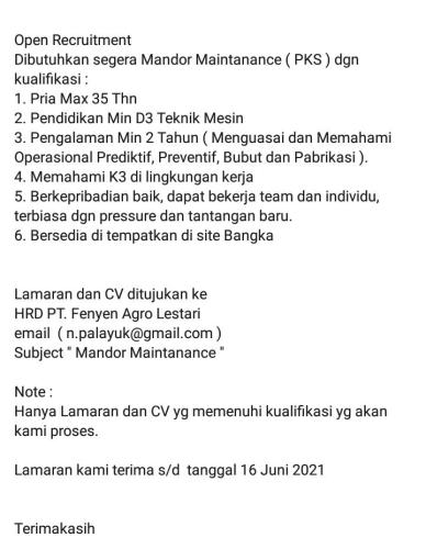 info Loker Mandor Maintenance(PKS) @PT.Fenyen Agro Lestari-Bangka
