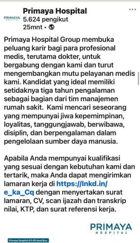 info Loker Manajemen RS @Primaya Hospital-Pangkalpinang