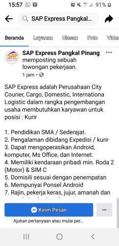 info Loker sebagai Kurir @SAP Express Pangkalpinang-Area Belinyu