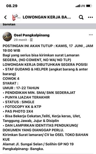 info Lowongan kerja Staff Gudang di pangkalpinang