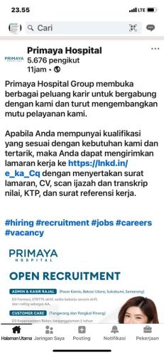 info Loker Customer Care @Primaya Hospital-Bhaktiwara-Pangkalpinang