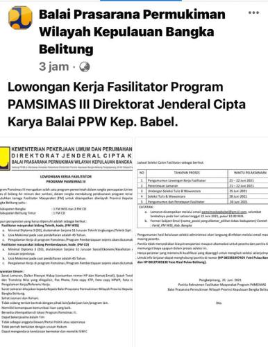 info Loker Fasilitator Masyarakat bidang:Teknik dan Pemberdayaan @Dirjend Cipta Karya-BPPW Kep Babel-penempatan Bangka dan Beltim