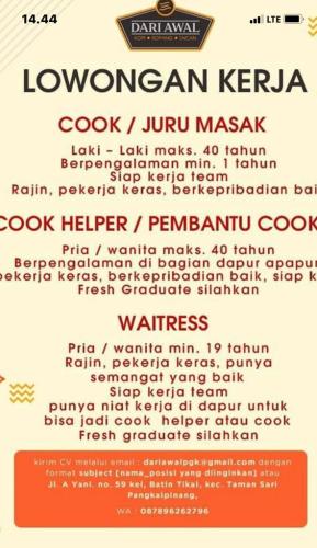 info Loker Cook,Cook Helper & Waitress @Warung Kopi-DARIAWALKOPI-Pangkalpinang
