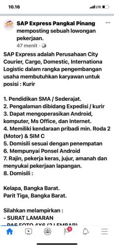 info Loker Kurir @SAP Express Pangkalpinang-penempatan Kelapa & Parit Tiga-Bangka Barat