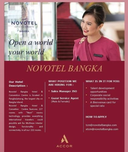 info Loker Guest Service Agent & Sales manager JSO @Novotel Bangka