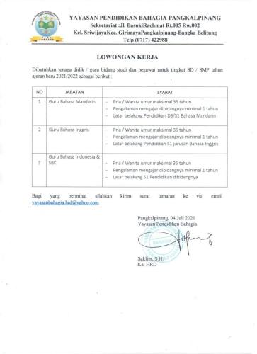 info Loker Guru Bahasa(mandarin,Inggris & Indonesia-SBK) @Yayasan Pendidikan Bahagia-Pangkalpinang