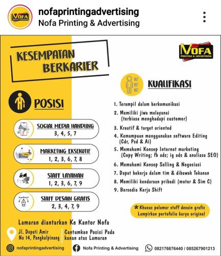 info Loker Staf Layanan,Staf Desain Grafis,Marketing & social media Handling @nofaprintingadvertising-Pangkalpinang