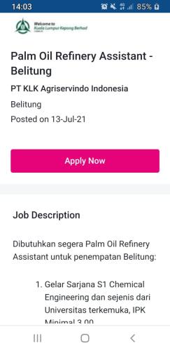 info Loker Palm Oil Refinery Assistant  @PT.KLK,Agriservindo Indonesia-Belitung