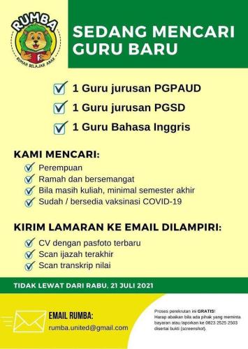 info Loker Guru PGSD,PGPAUD & Bahasa Inggris @Rumba Learning center-Pangkalpinang