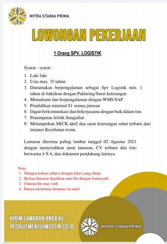 info Loker SPV Logistik @PT.Mitra Stania Prima-Bangka