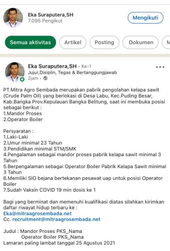 info Loker Mandor Proses & Operator Boiler @PT.Mitra Agro Sembada-Puding Besar-Bangka