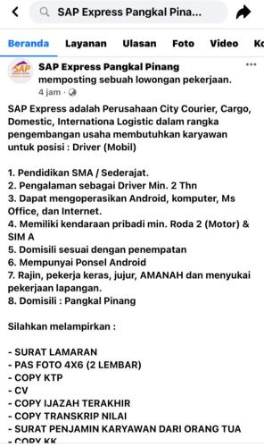 info Loker Driver @SAP Express Pangkalpinang