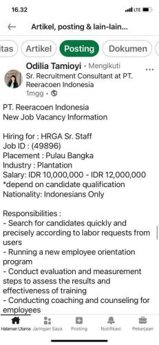 info Loker HRGA Sn.Staff @PT.Reeracooen Indonesia-Pulau Bangka