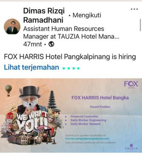 info Loker Financial Controller,Daily Worker Engineer & DW Stewart @Fox Harris Hotel Pangkalpinang
