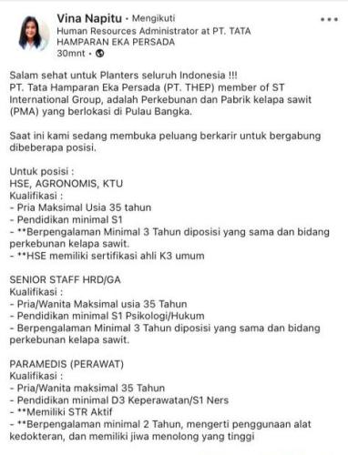 info Loker HSE,Agronomis,Kepala TU,Senior Staff HRD/GA,Paramedis @PT.THEP-Pulau Bangka