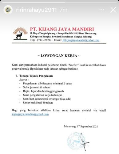 info Loker Tenaga Teknik Pengelasan @PT.kijang Jaya Mandiri-Merawang