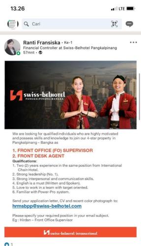 info Loker Front Office SPV & Front Desk Agent @SwissBelHotel-Pangkalpinang