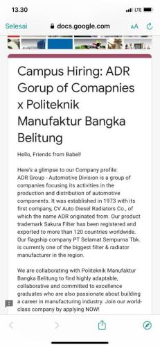 info Loker di bidang Manufacturing Industry,penempatan Curug-Tangerang,kerjasama dengan Polman Babel