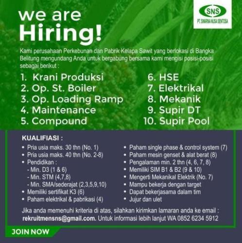 info Loker Krani Produksi,Op St Boiler,Op Loading Ramp,Maintenance,HSE,Elektrical,Mekanik,Supir DT,Supir Pool @PT Swarna Nusa Sentosa-Bangka