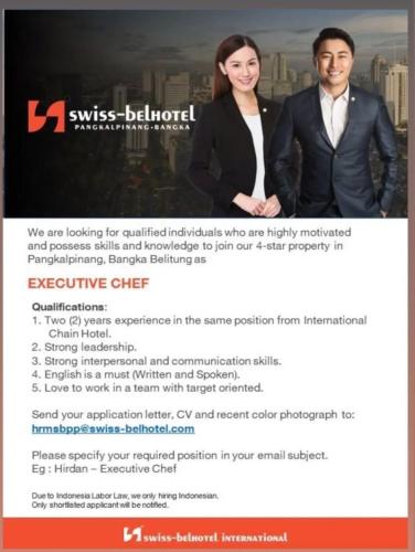 info Loker Executive Chef @Swiss-BelHotel-Bangka Belitung