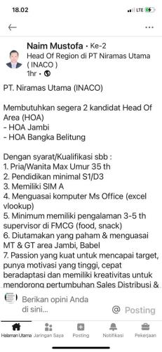 info Loker Head of Area @PT Niramas Utama-INACO-Bangka Belitung