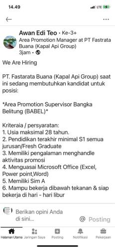 info Loker Area Promotion Supervisor Bangka Belitung @PT Fastarata Buana/Kapal Api Group)