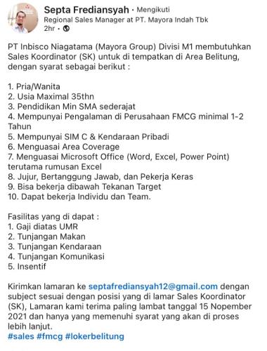 info Loker Sales Koordinator @PT Inbisco Niagatama/Mayora Group-penempatan Belitung