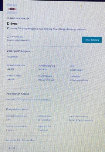 info Loker Driver @PT Babel Inti Perkasa-Belitung Timur