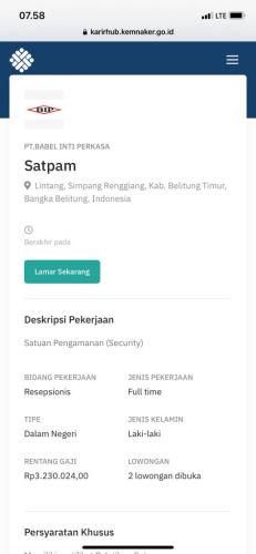 info Loker Satpam @PT Babel Inti Perkasa-Belitung Timur