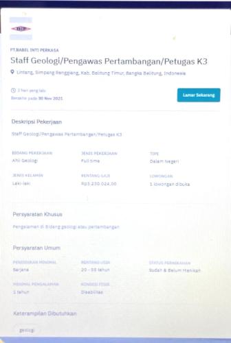 info Loker Staff Geologi/Pengawas Pertambangan/Petugas K3 @PT Babel Inti Perkasa-Belitung timur