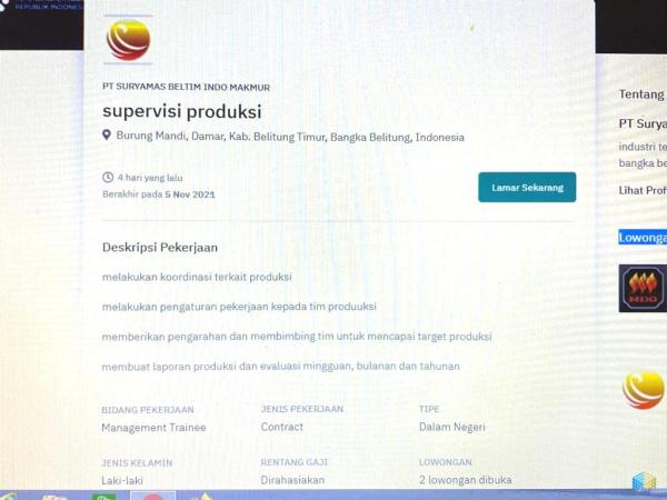 info Loker Supervisi Produksi @PT SURYAMAS BELTIM INDO MAKMUR-Belitung Timur