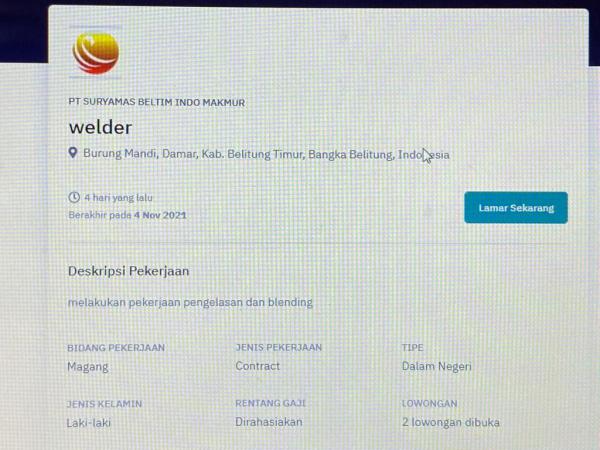 info Loker Welder @PT Suryamas Beltim Indo Makmur-Belitung Timur
