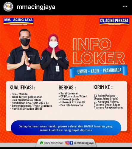 info Loker Driver,Kasir & Pramuniaga @mm.acing jaya-Pangkalpinang