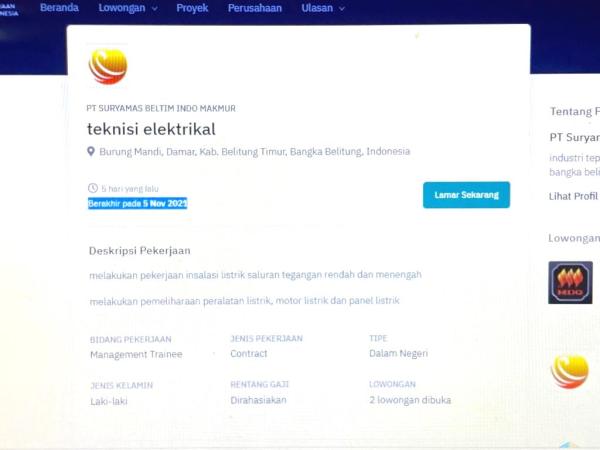info Loker Teknisi Elektrikal @PT Suryamas Beltim Indo Makmur-Belitung Timur