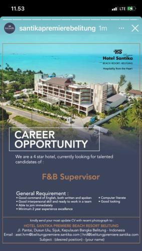 info Karir F& B Supervisor @santika premiere Belitung