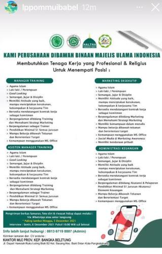 info penerimaan Tenaga Kerja Profesional dan Religius @MUI Bangka Belitung