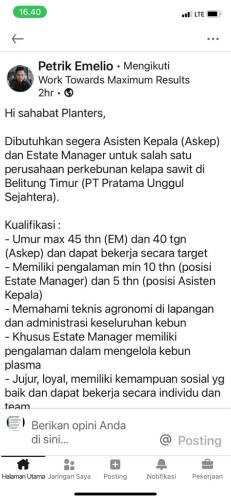 info Loker ASISTEN KEPALA/AsKep dan ESTATE MANAGER-PT Pratama Unggul Sejahtera-Belitung Timur