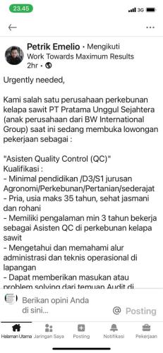 info Loker Asisten Quality Control/QC @PT Pratama Unggul Sejahtera-Belitung timur