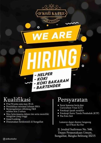 info Loker HELPER,KOKI,KOKI BAKARAN & bartender @D'Kozi ka-fe>Sungailiat