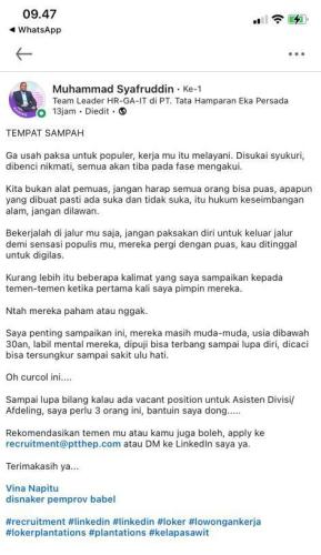 info Loker ASISTANT DIVISI/AFDELING @PT THEP-Bangka