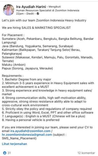 info Loker SALES & SALES MARKETING SPESIALIS @Zoomlion Heavy Industry