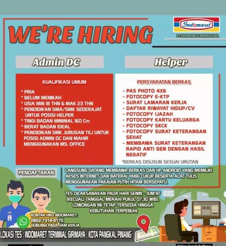 info Loker Admin DC,Helper, HRD Recruitment & Trainner @PT Indomarco Prismatama/indomaret-Bangka Belitung