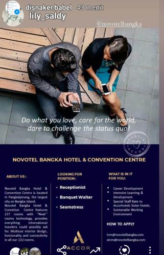 info Loker Receptionist,Banquet Waiter & Seamstress @Novotel Bangka Hotel