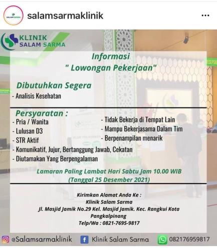 info Loker Radiologi & Analis Kesehatan @salam sarma klinik-Pangkalpinang