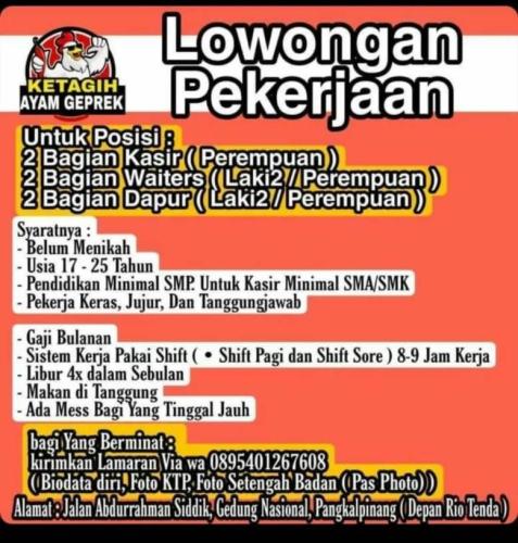 info Loker Kasir,waiters/waitress & bagian Dapur @ketagihanAyamGeprek-Pangkalpinang