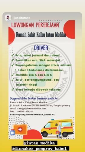 info Loker Driver @Rumah Sakit Kalbu Intan Medika-Pangkalpinang